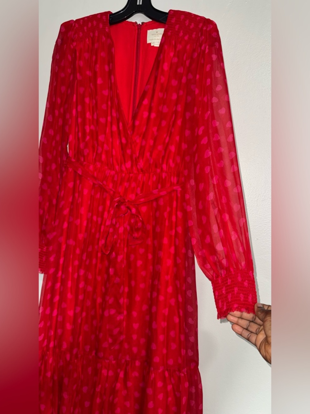 kate spade Red Long-Sleeve Heartbeat Silk  Midi Dress - Picture 7 of 16